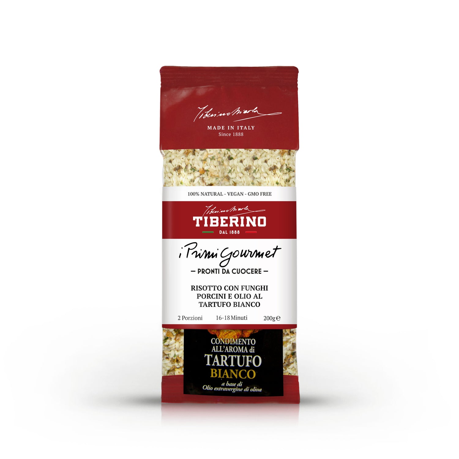 Busta rossa opaca di Risotto con funghi porcini e olio al tartufo bianco Tiberino 1888, 200g.