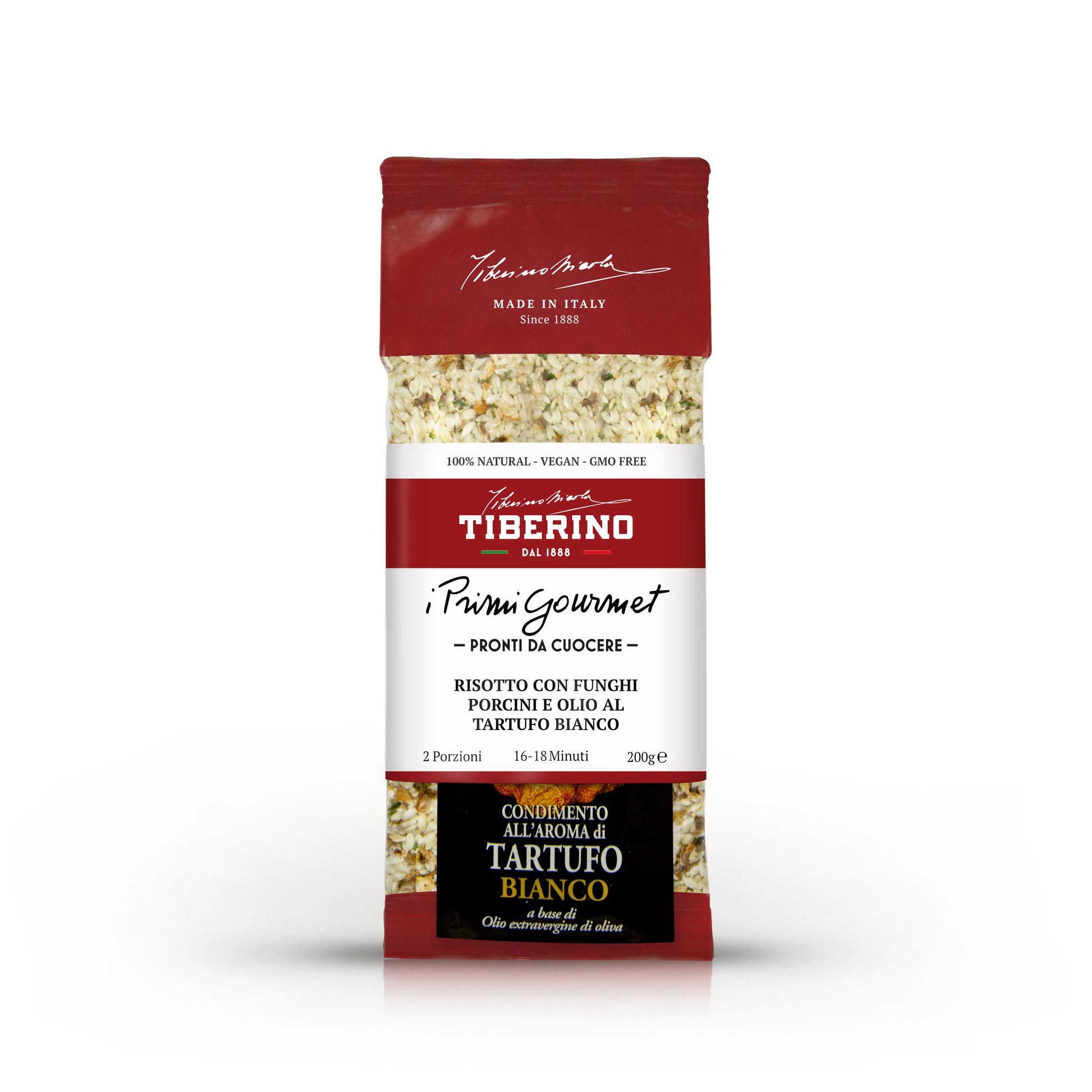Busta rossa opaca di Risotto con funghi porcini e olio al tartufo bianco Tiberino 1888, 200g.