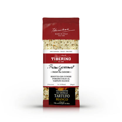 Busta rossa opaca di Risotto con funghi porcini e olio al tartufo bianco Tiberino 1888, 200g.