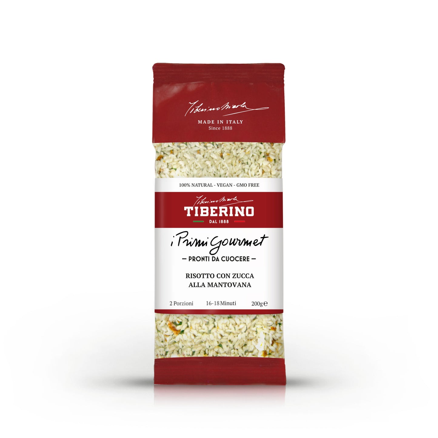 Confezione rossa e bianca di Risotto con Zucca alla Mantovana Tiberino 1888, 200g, 2 porzioni, 16-18 minuti.