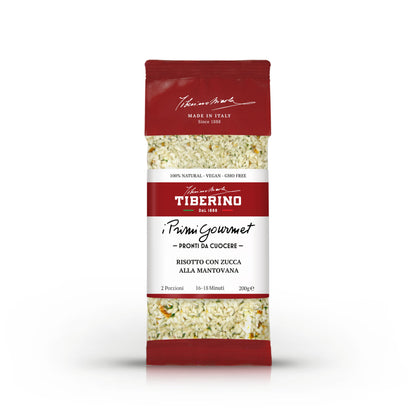 Confezione rossa e bianca di Risotto con Zucca alla Mantovana Tiberino 1888, 200g, 2 porzioni, 16-18 minuti.