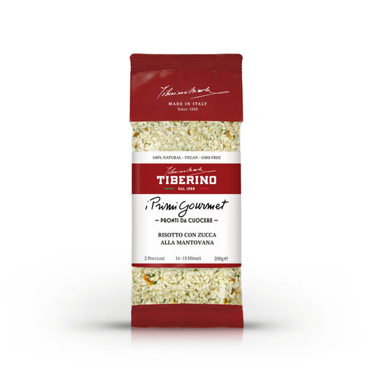 Confezione rossa e bianca di Risotto con Zucca alla Mantovana Tiberino 1888, 200g, 2 porzioni, 16-18 minuti.