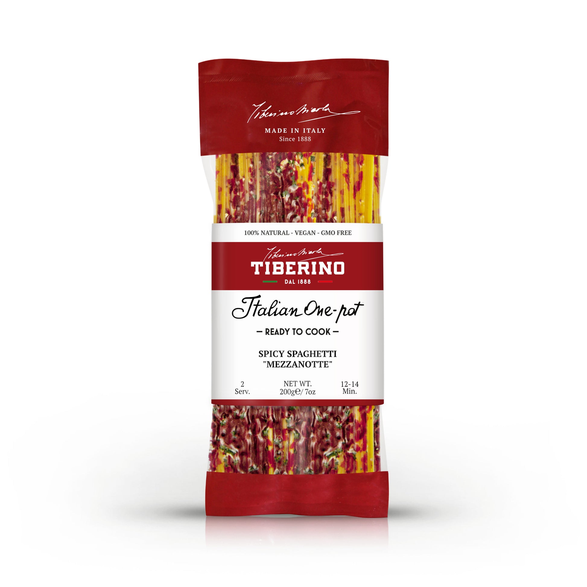 Confezione rossa e trasparente di spaghetti Tiberino 1888 "Mezzanotte" con spezie rosse e verdi, 200g.