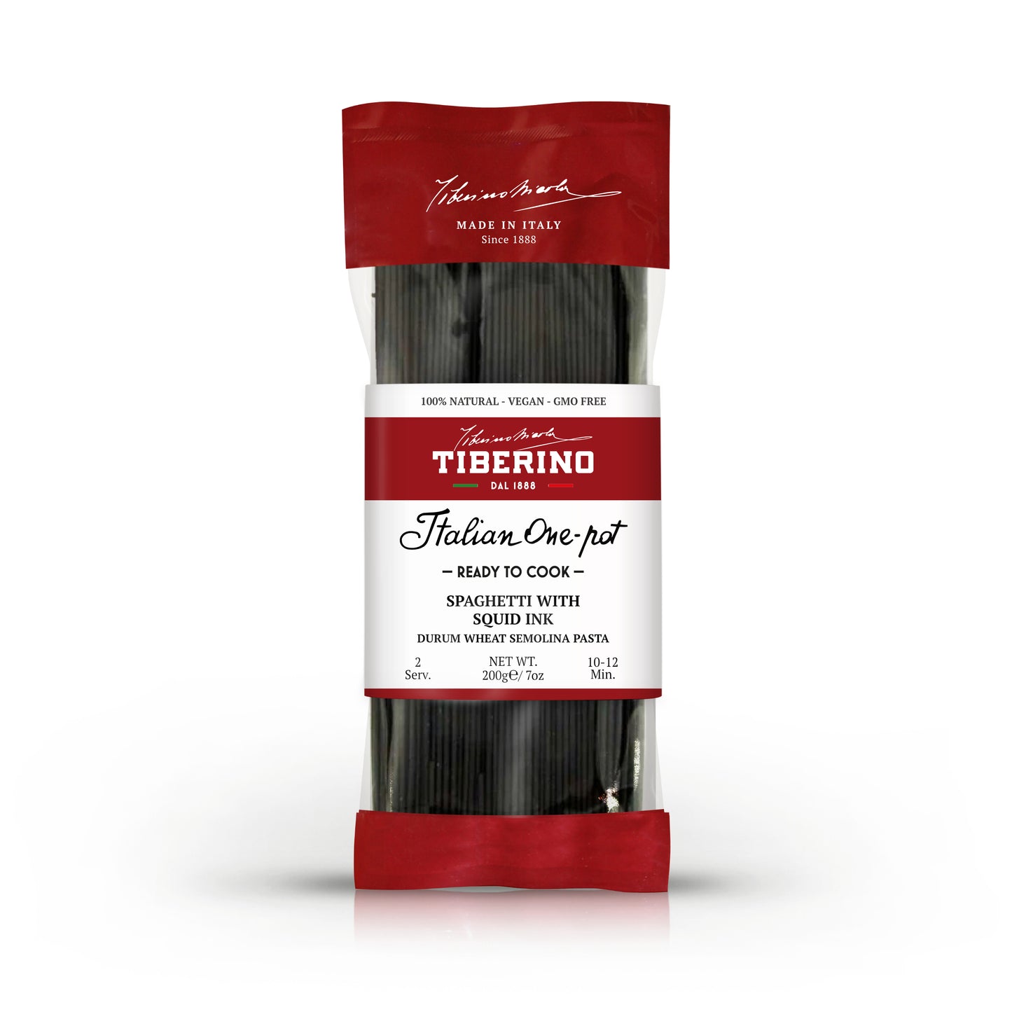 Confezione di spaghetti neri al nero di seppia Tiberino 1888, 200g, con etichetta rossa e bianca.