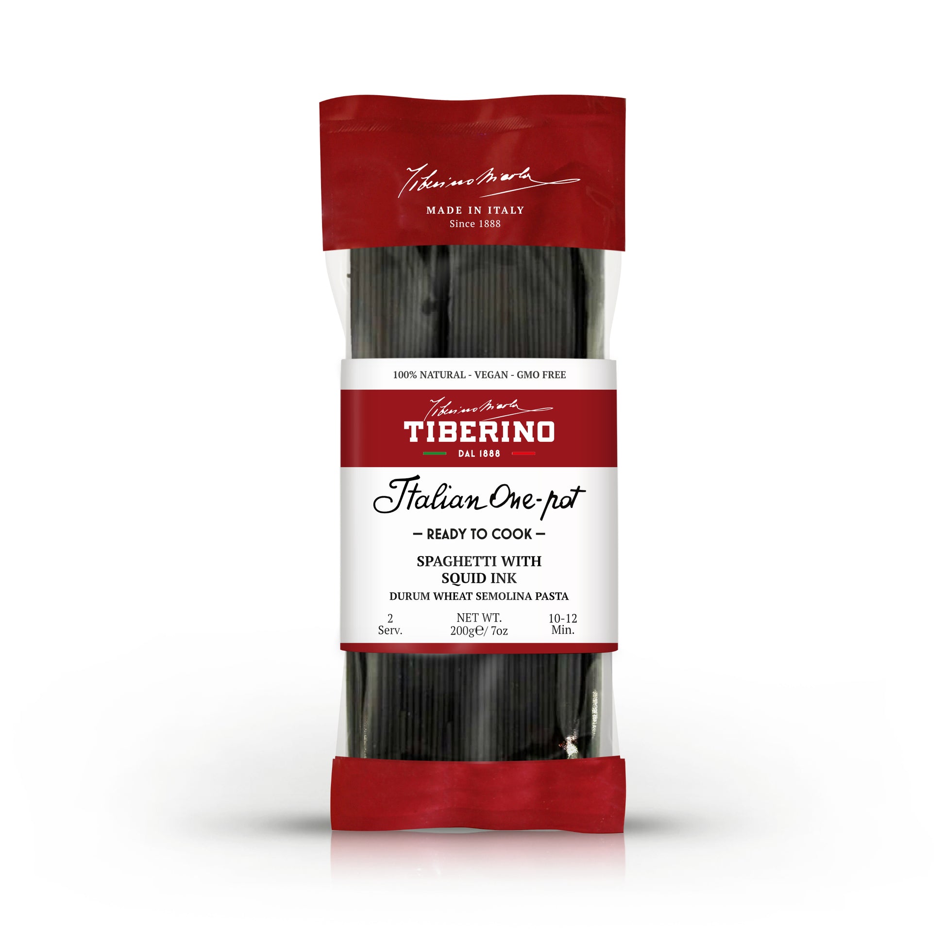Confezione di spaghetti neri al nero di seppia Tiberino 1888, 200g, con etichetta rossa e bianca.