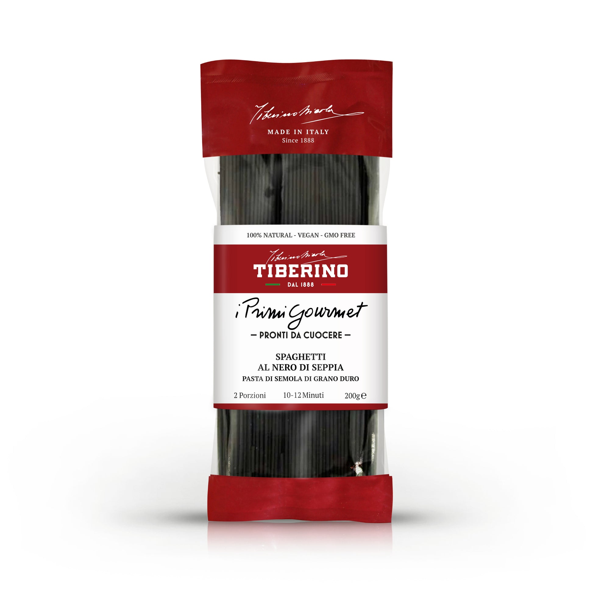Confezione di spaghetti neri al nero di seppia Tiberino 1888, 200g, con etichetta rossa e trasparente.