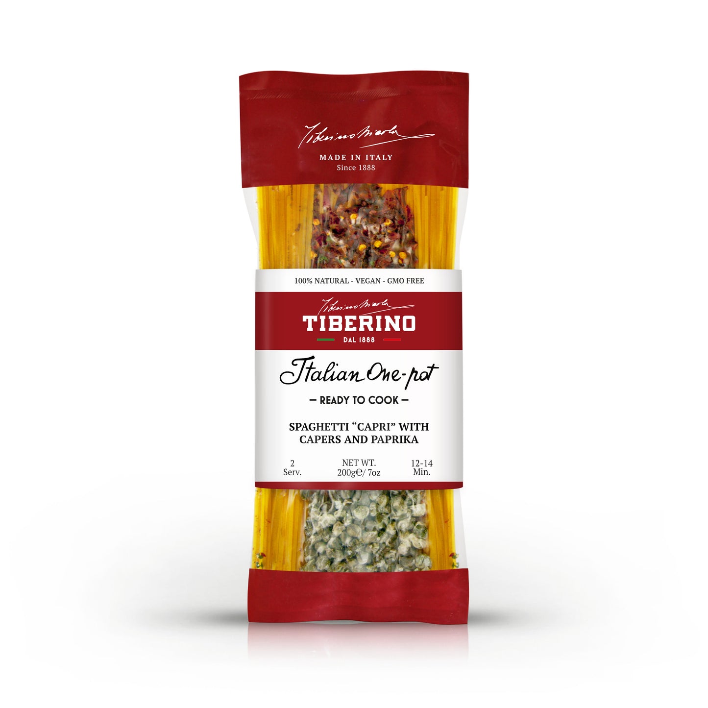Confezione di spaghetti Tiberino 1888 "Italian One-pot" con capperi e paprika, 200g, etichetta rossa.