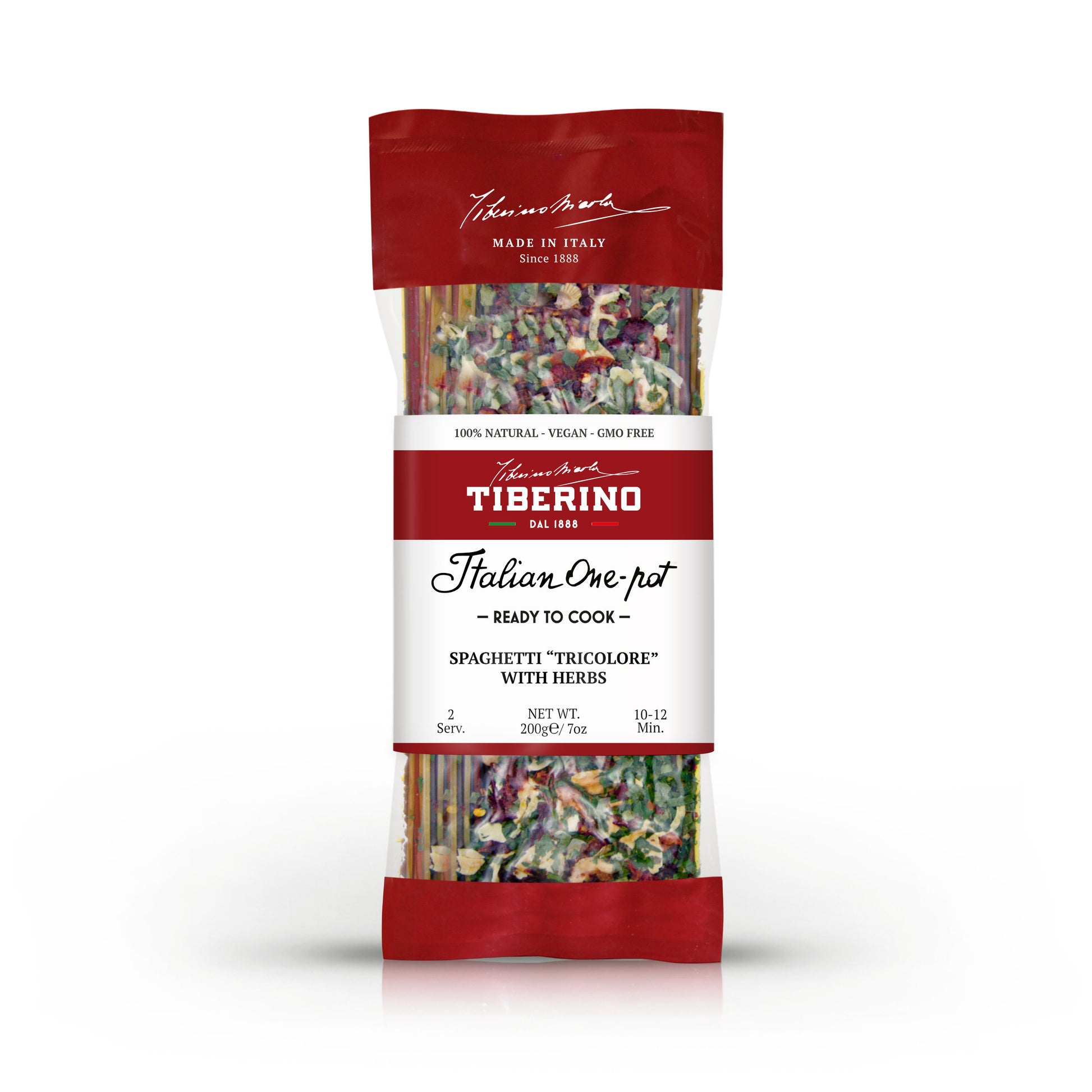 Confezione di spaghetti tricolori alle erbe Tiberino 1888, 200g, con etichetta rossa e bianca.