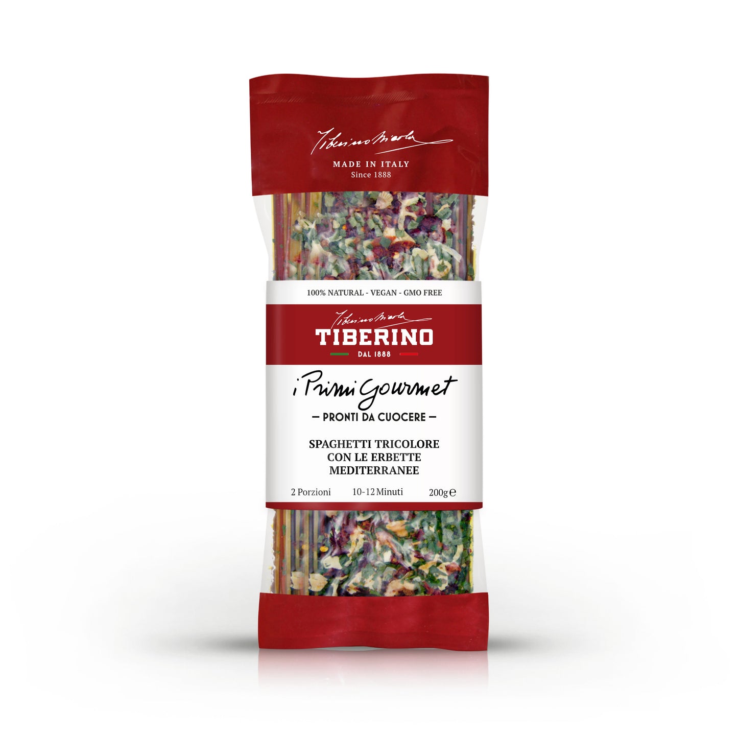 Confezione di spaghetti tricolore Tiberino 1888 con erbe mediterranee, 200g, sfondo bianco.