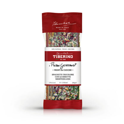 Confezione di spaghetti tricolore Tiberino 1888 con erbe mediterranee, 200g, sfondo bianco.