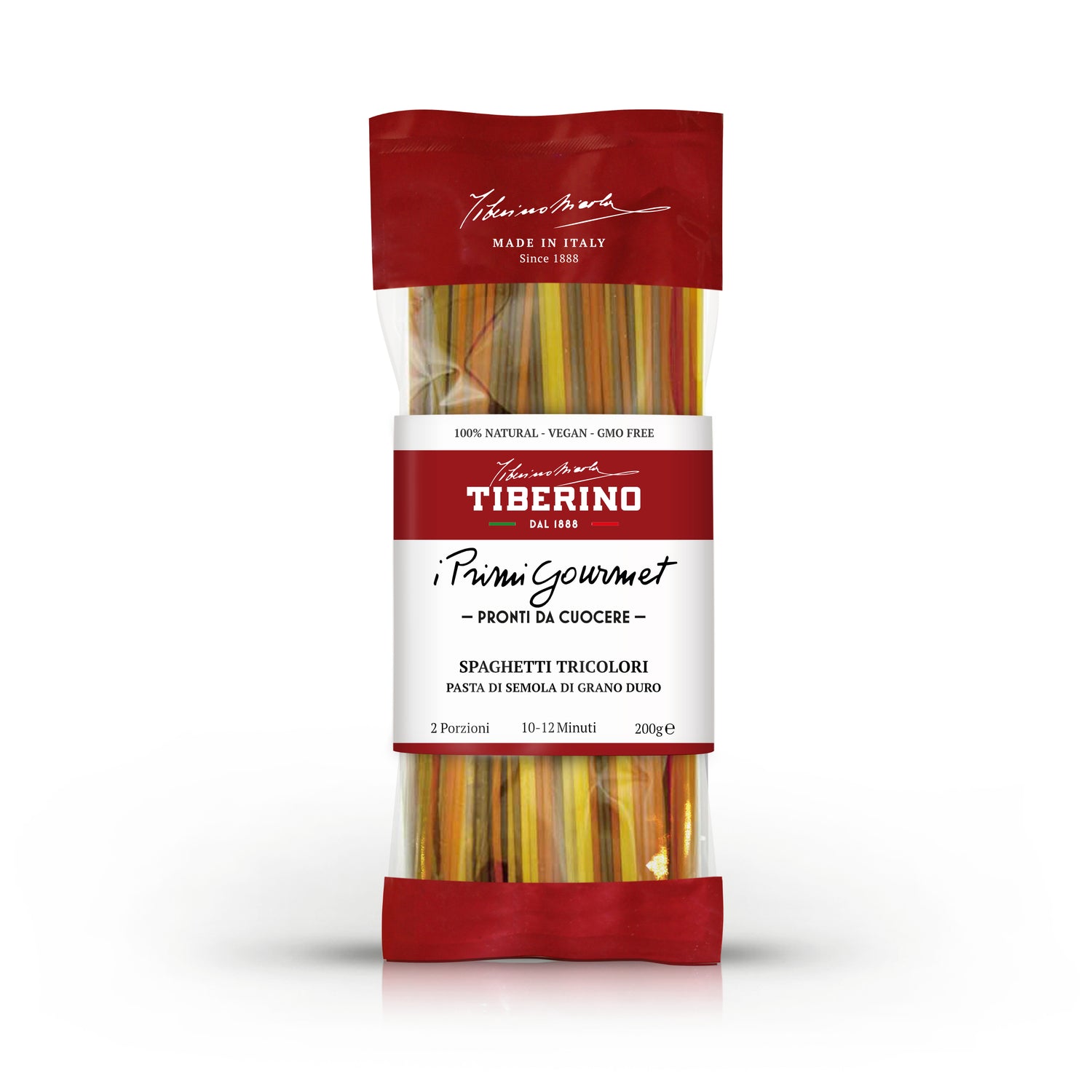 Confezione trasparente di Spaghetti Tricolori Tiberino 1888, pasta di semola di grano duro, 200g, con etichetta rossa e bianca.