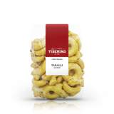 Confezione trasparente di Taralli Pugliesi all'olio Tiberino 1888, con etichetta rossa e bianca.