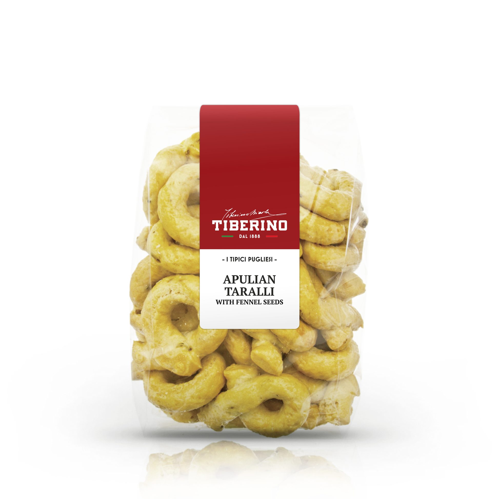 Confezione trasparente di Taralli Pugliesi Tiberino 1888 con semi di finocchio, etichetta rossa e bianca.