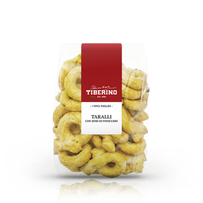 Busta trasparente di Taralli Pugliesi con semi di finocchio, etichetta rossa Tiberino 1888.