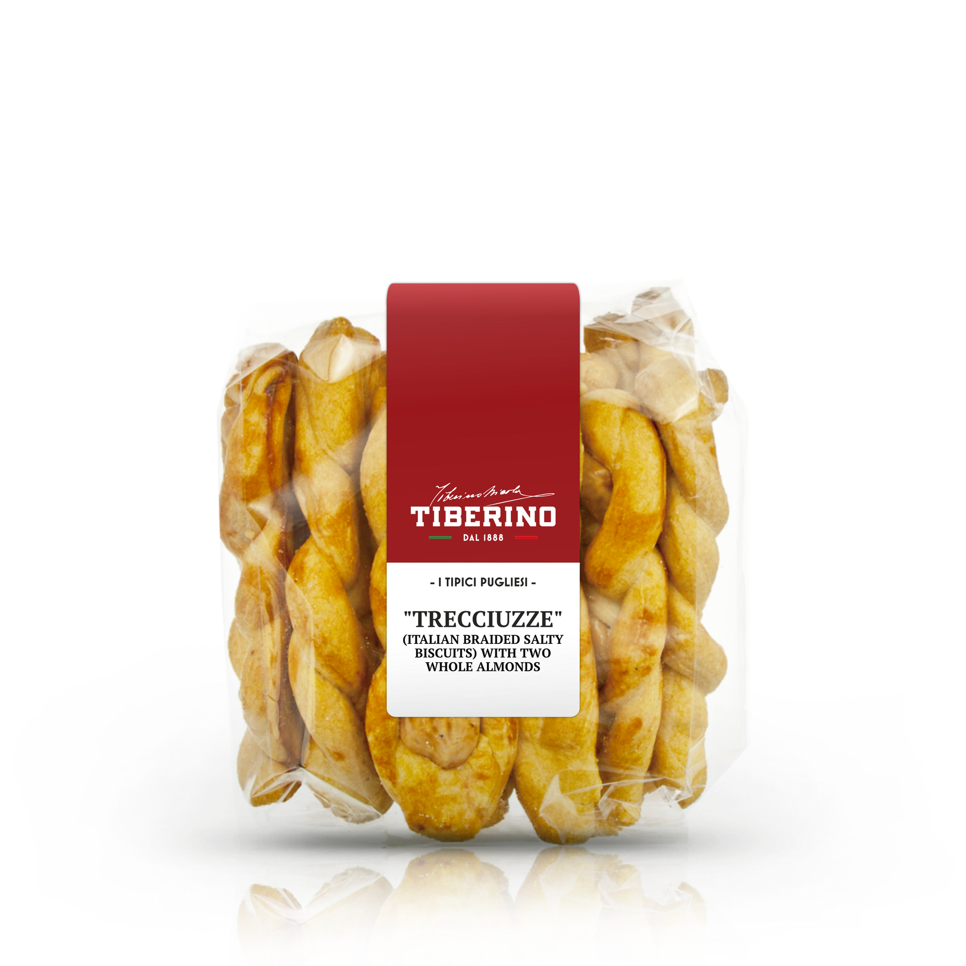 Confezione trasparente di Trecciuzze Tiberino 1888, taralli salati intrecciati con mandorle intere, etichetta rossa.