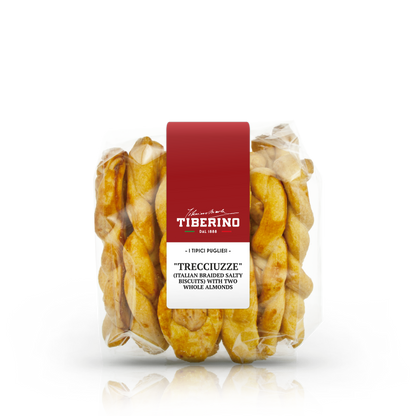 Confezione trasparente di Trecciuzze Tiberino 1888, taralli salati intrecciati con mandorle intere, etichetta rossa.