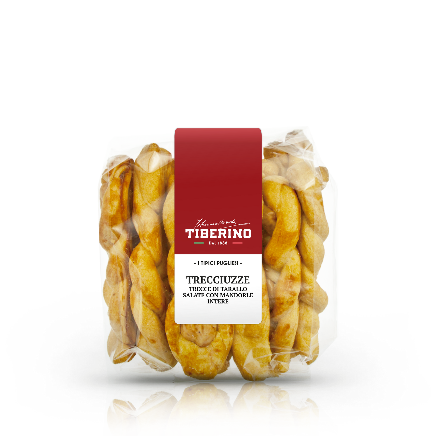 Confezione trasparente di Trecciuzze Tiberino 1888, trecce di tarallo salate con mandorle intere, etichetta rossa.
