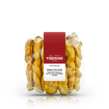 Confezione trasparente di Trecciuzze Tiberino 1888, trecce di tarallo salate con mandorle intere, etichetta rossa.
