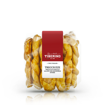 Confezione trasparente di Trecciuzze Tiberino 1888, trecce di tarallo salate con mandorle intere, etichetta rossa.