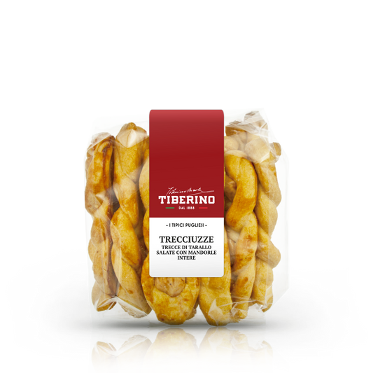 Confezione trasparente di Trecciuzze Tiberino 1888, trecce di tarallo salate con mandorle intere, etichetta rossa.