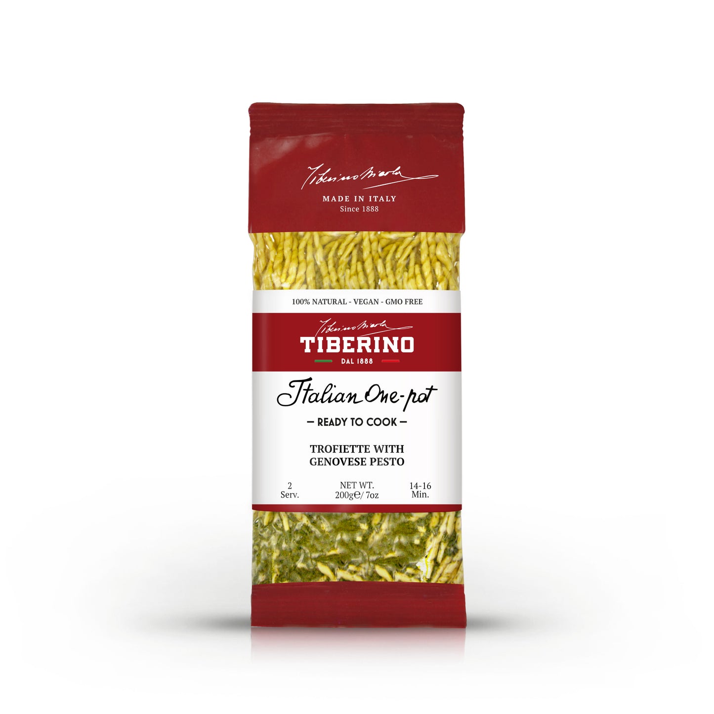 Confezione rossa e bianca di Trofiette con Pesto Genovese Tiberino 1888, 200g, pasta verde visibile.