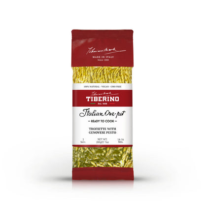 Confezione rossa e bianca di Trofiette con Pesto Genovese Tiberino 1888, 200g, pasta verde visibile.