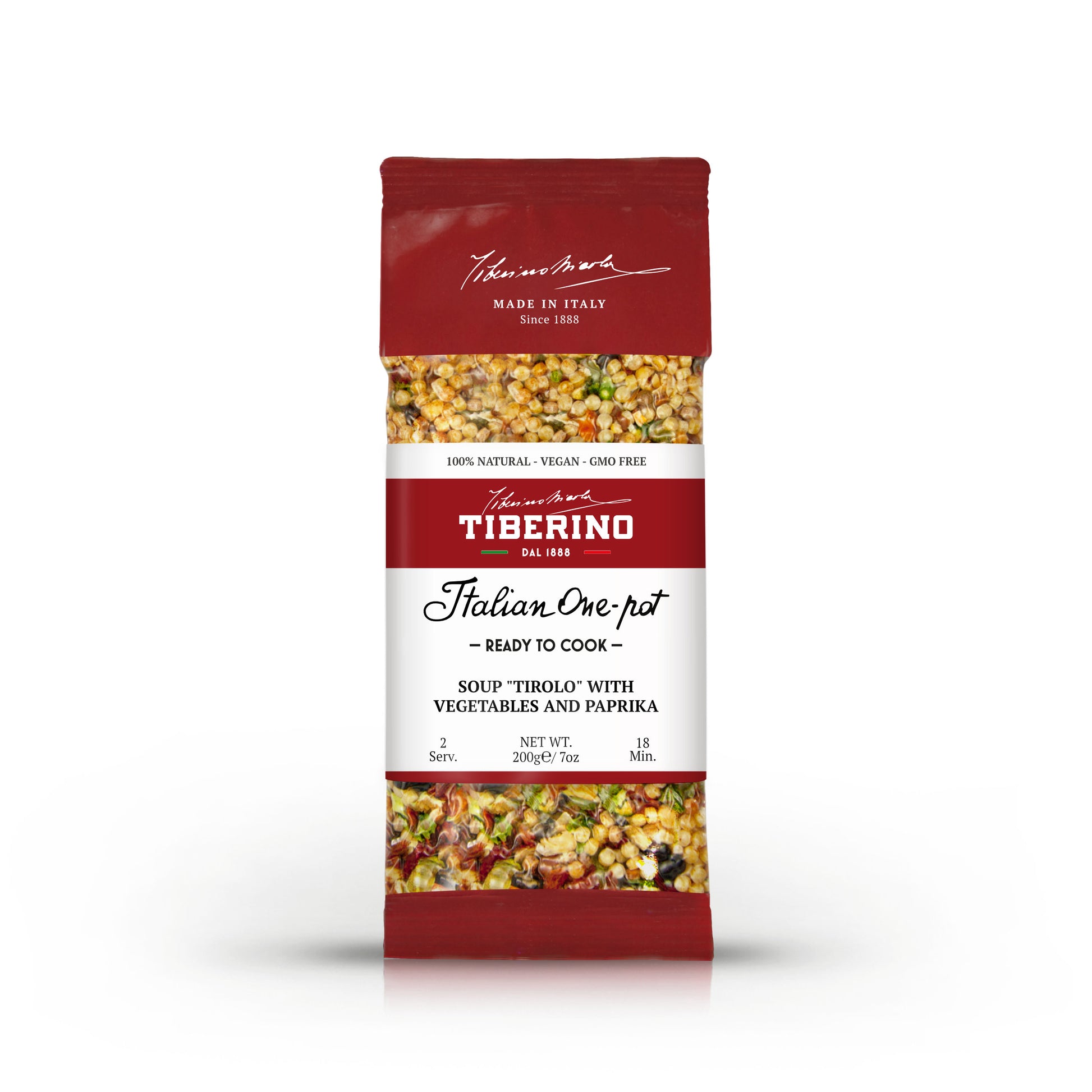 Confezione rossa Tiberino 1888 di zuppa "Tirolo" con verdure e paprika, 200g, pronta in 18 minuti.