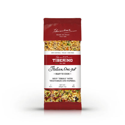 Confezione rossa Tiberino 1888 di zuppa "Tirolo" con verdure e paprika, 200g, pronta in 18 minuti.