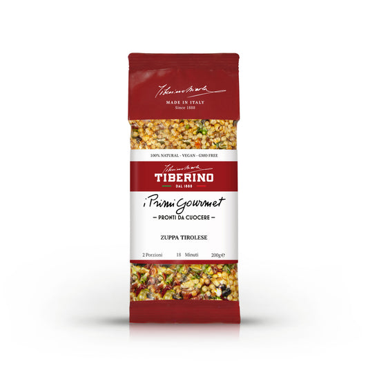 Confezione rossa opaca Tiberino 1888 "Primi Gourmet" Zuppa Tirolese, 200g, con finestra trasparente che mostra ingredienti secchi.
