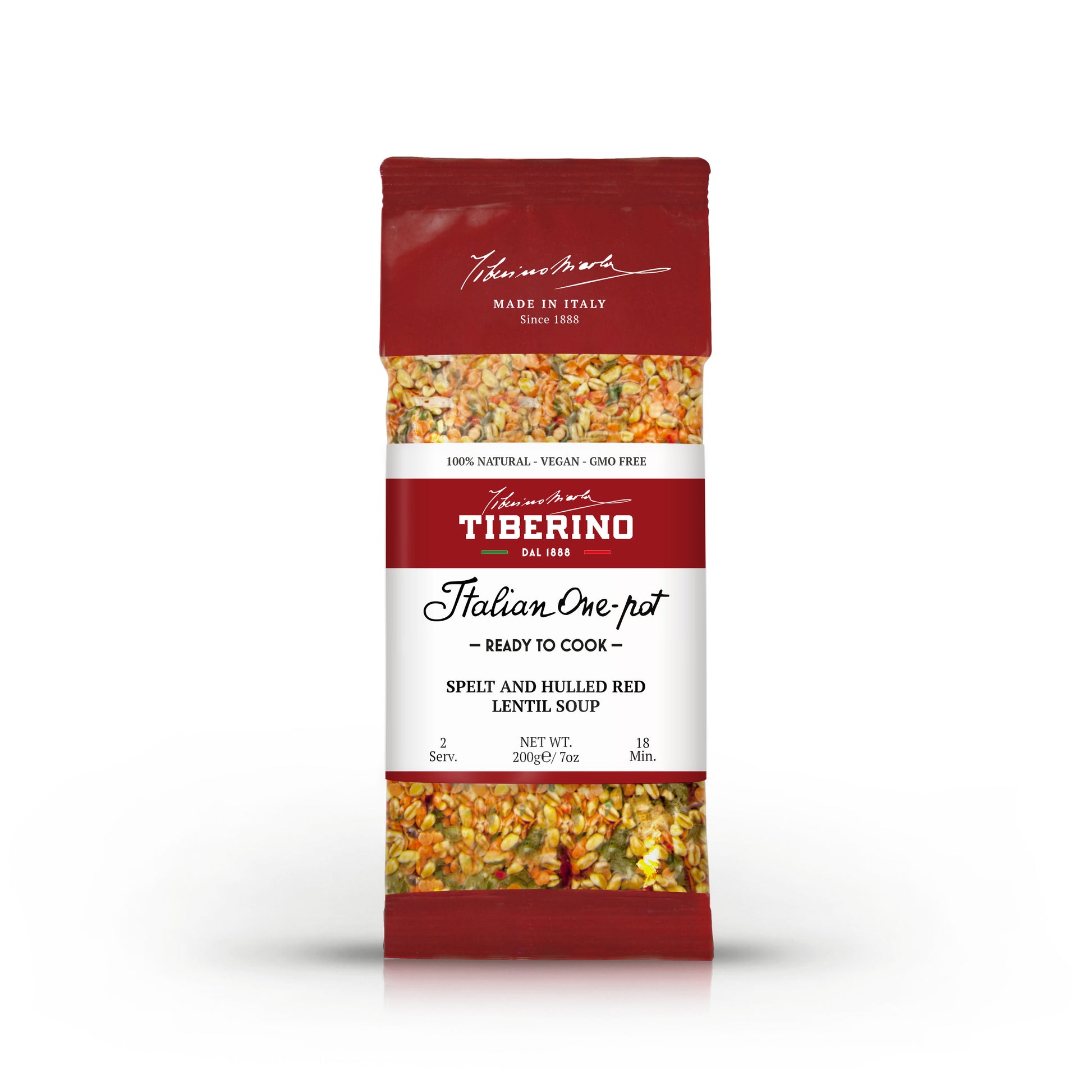 Confezione rossa Tiberino 1888 di zuppa di farro e lenticchie rosse, con ingredienti visibili e etichetta bianca.