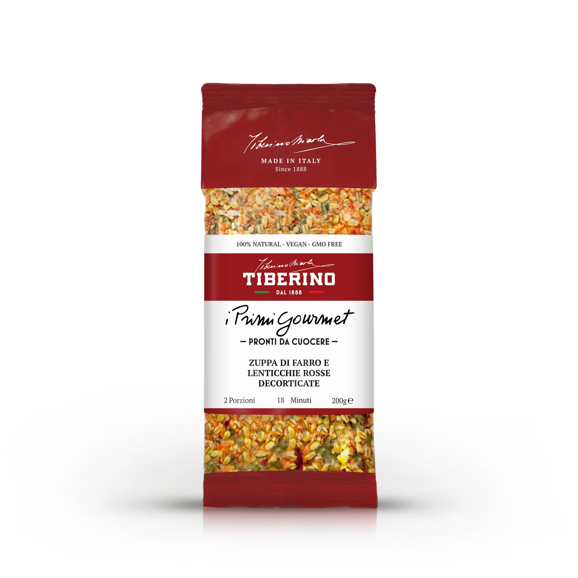 Confezione rossa opaca Tiberino 1888 di Zuppa di Farro e Lenticchie Rosse Decorticate, con finestra trasparente che mostra gli ingredienti secchi.