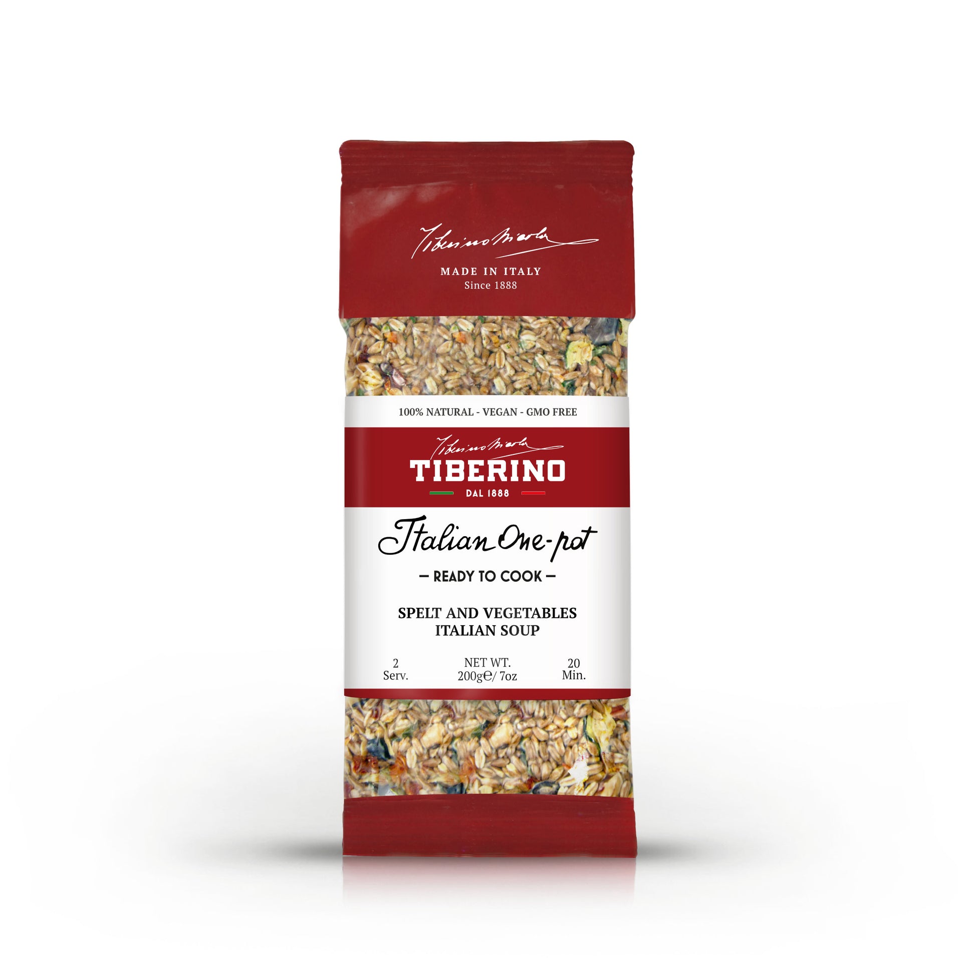 Confezione Tiberino 1888 Italian One-pot Zuppa di farro e verdure, busta rossa con finestra trasparente che mostra farro, legumi e verdure essiccate.