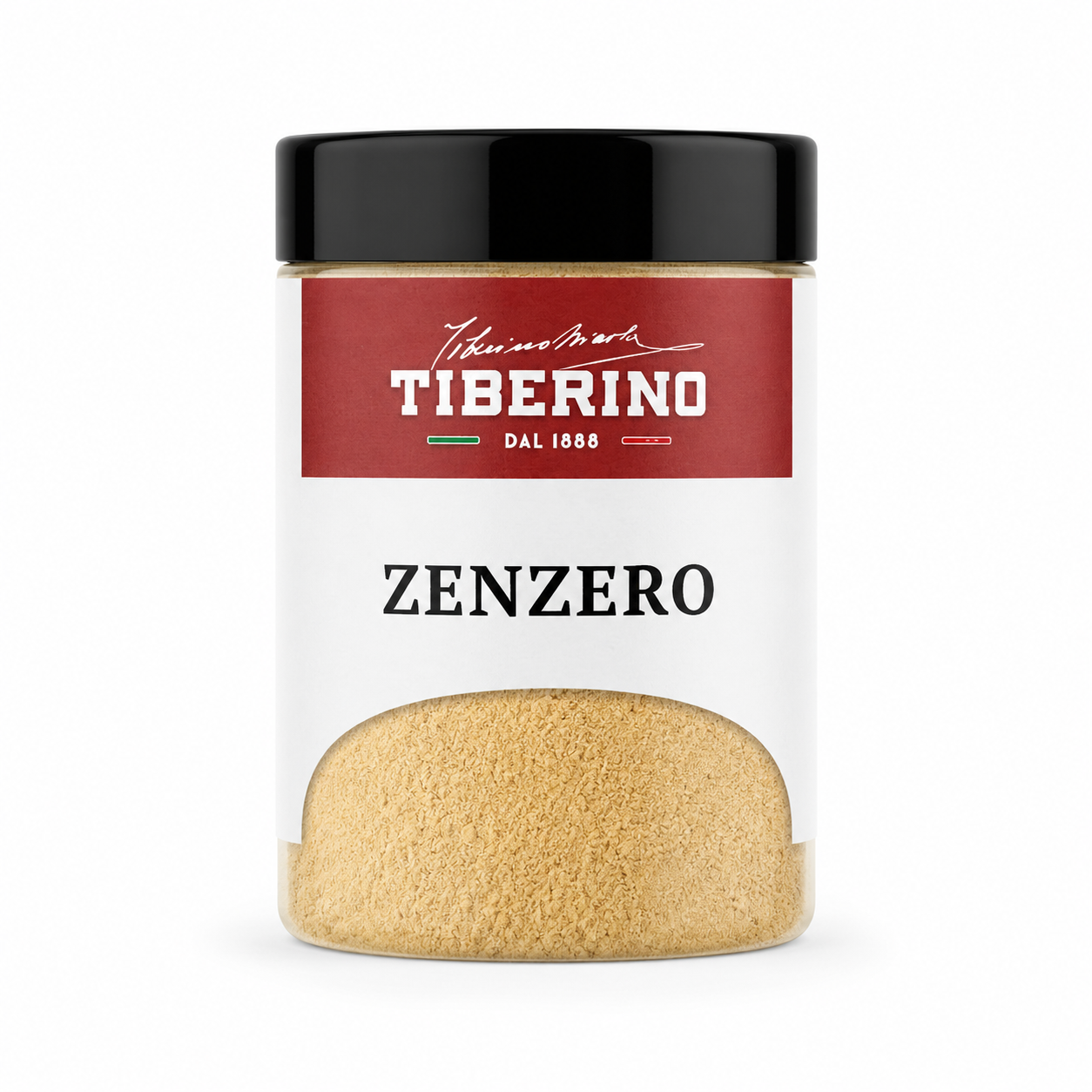 Barattolo trasparente con coperchio nero e etichetta rossa Tiberino 1888, contenente zenzero in polvere beige chiaro.