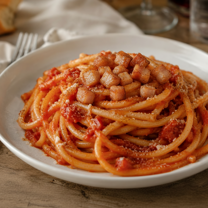 Piatto di bucatini amatriciana in piatto bianco