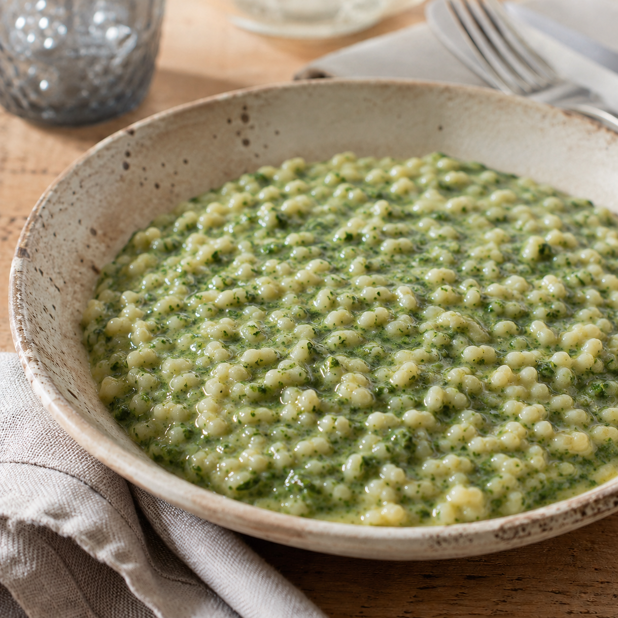 scodella di orzo con spinaci su una tavola di legno con tovagliolo di lino grigio