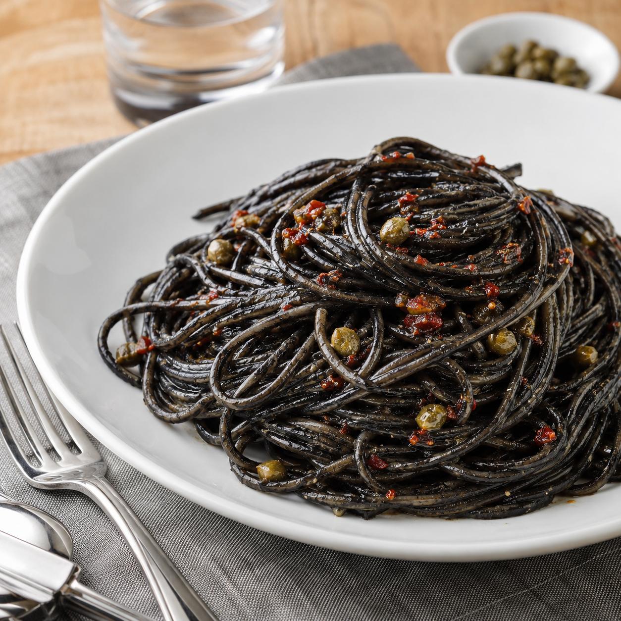 Black Spaghetti Marinara with Cuttlefish Ink, Salted Capers and Sweet Paprika