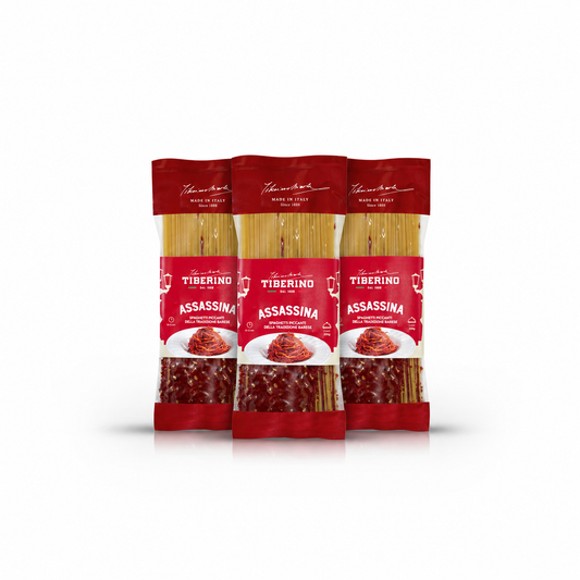 Tre confezioni di Spaghetti all'Assassina Tiberino, pasta piccante della tradizione barese.