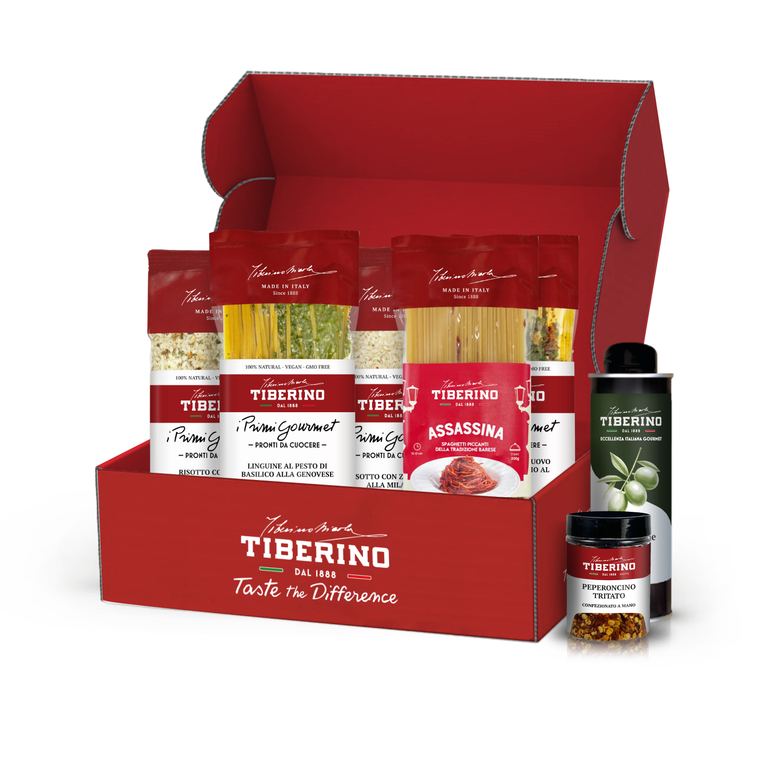 Scatola regalo rossa aperta con logo Tiberino 1888, contenente sei confezioni di pasta e risotti, una bottiglia di olio d'oliva e un vasetto di peperoncino tritato.