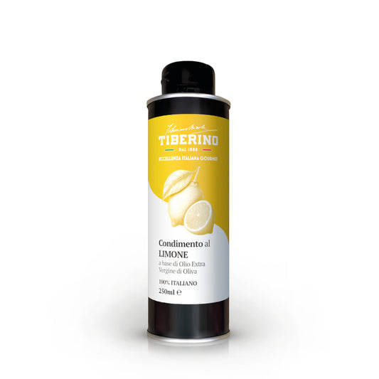 Lattina nera opaca Tiberino 1888 da 250ml di Condimento al Limone, con etichetta gialla e bianca raffigurante un limone intero e uno tagliato.