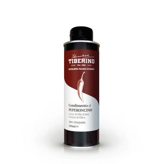 Lattina cilindrica nera da 250ml di Condimento al Peperoncino Tiberino 1888, con etichetta bordeaux e peperoncino rosso.