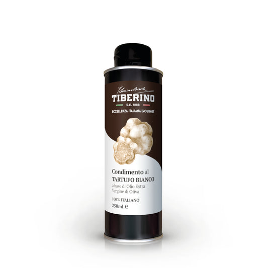 Lattina cilindrica nera da 250ml di Condimento al Tartufo Bianco Tiberino 1888 con tappo nero, etichetta bianca e illustrazione di tartufi bianchi.
