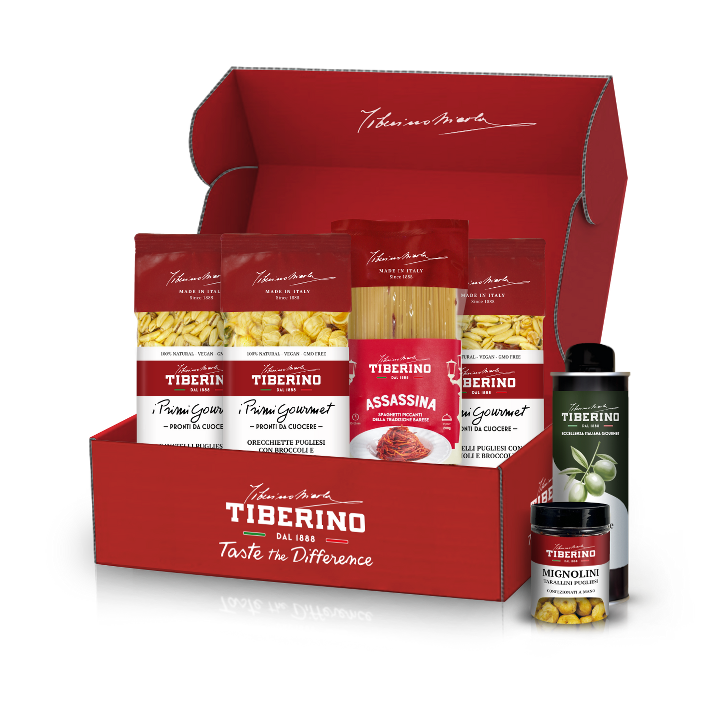 Box gourmet rosso Tiberino 1888 con spaghetti, orecchiette, cavatelli, olio d'oliva e tarallini.
