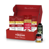 Box gourmet rosso Tiberino 1888 con spaghetti, orecchiette, cavatelli, olio d'oliva e tarallini.