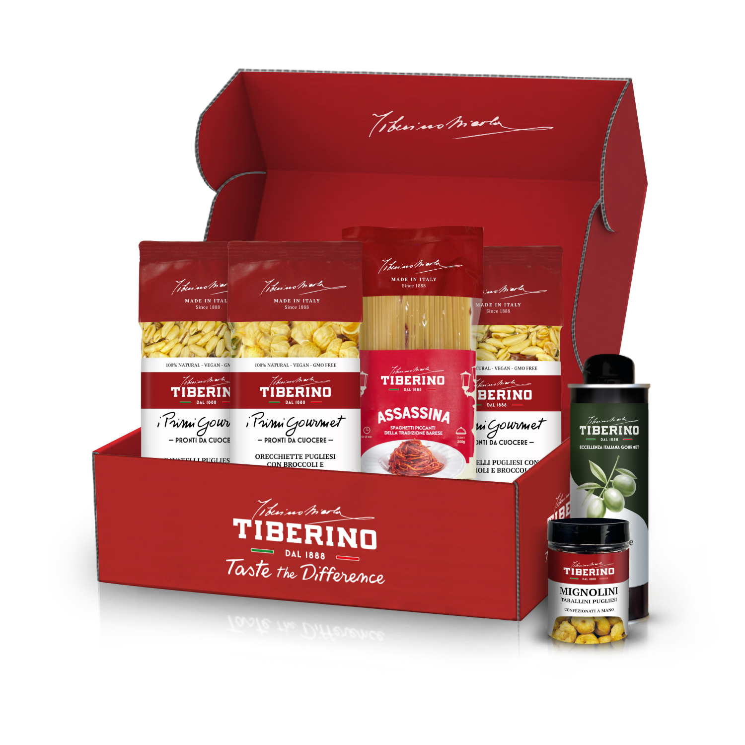 Box gourmet rosso Tiberino 1888 con spaghetti, orecchiette, cavatelli, olio d'oliva e tarallini.