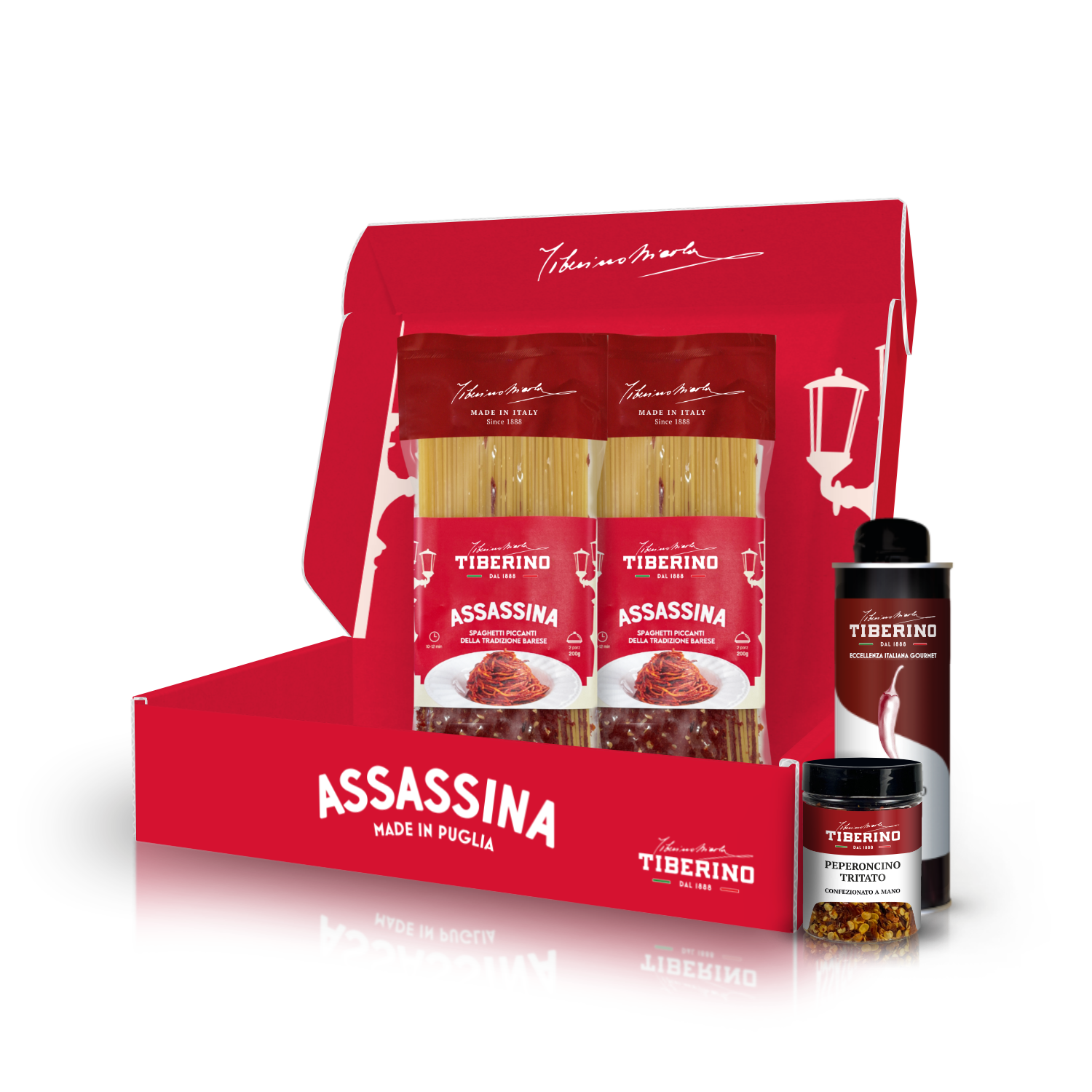 Cofanetto rosso L'Assassina Gourmet BOX con due confezioni di spaghetti Tiberino 1888, olio al peperoncino e peperoncino tritato.