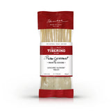 Confezione rossa e trasparente di Linguine "Alfredo" Vegan Tiberino 1888, 200g, con pasta visibile.