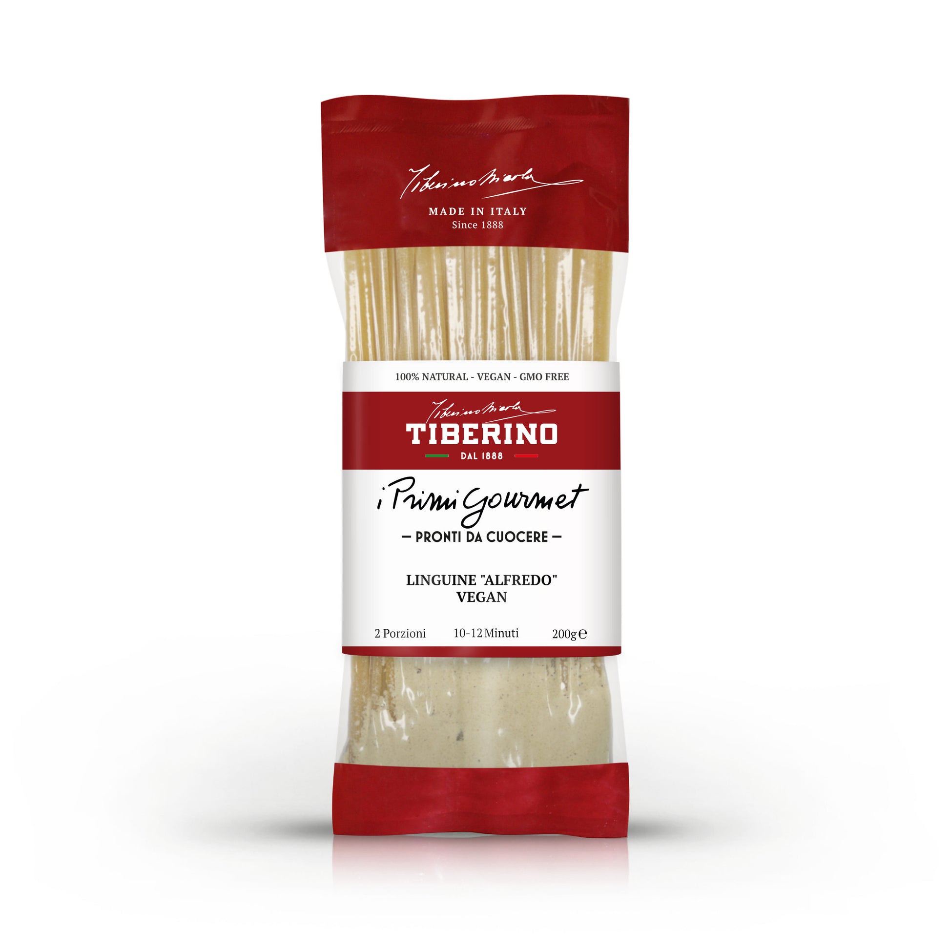 Confezione rossa e trasparente di Linguine "Alfredo" Vegan Tiberino 1888, 200g, con pasta visibile.