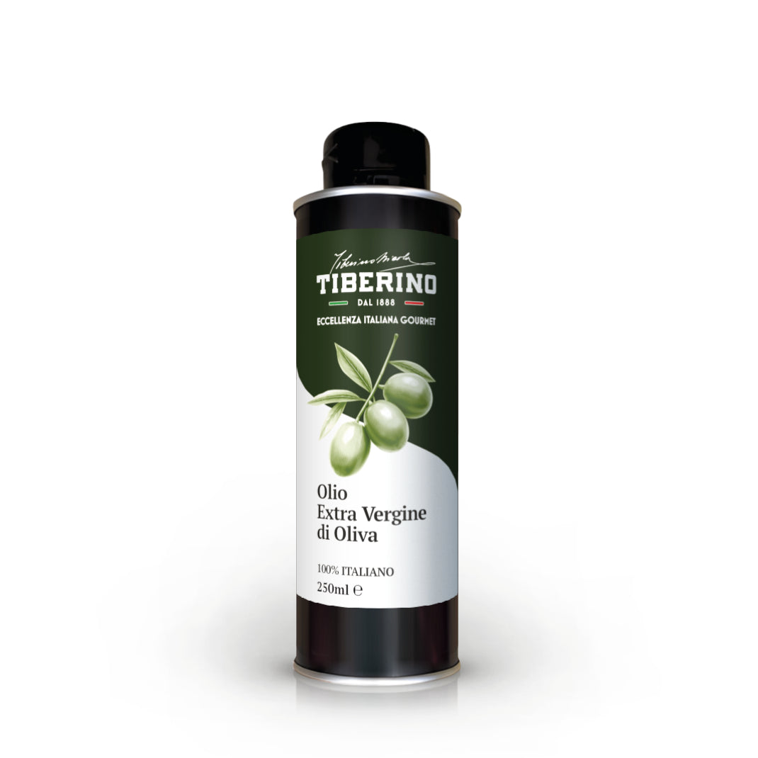 Lattina verde scuro di Olio Extra Vergine di Oliva Tiberino 1888 da 250ml con etichetta bianca e olive verdi.