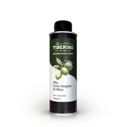 Lattina verde scuro di Olio Extra Vergine di Oliva Tiberino 1888 da 250ml con etichetta bianca e olive verdi.