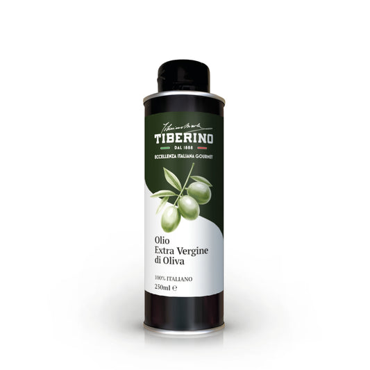 Lattina verde scuro di Olio Extra Vergine di Oliva Tiberino 1888 da 250ml con etichetta bianca e olive verdi.